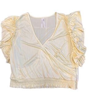Anthropologie pale lemon yellow ruffle sleeve wrap top with banded bottom XL